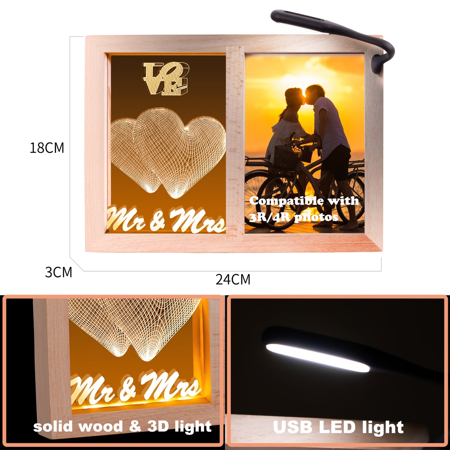 4x6 Picture Wood Frame LED Night Light for Mr Mrs Gift