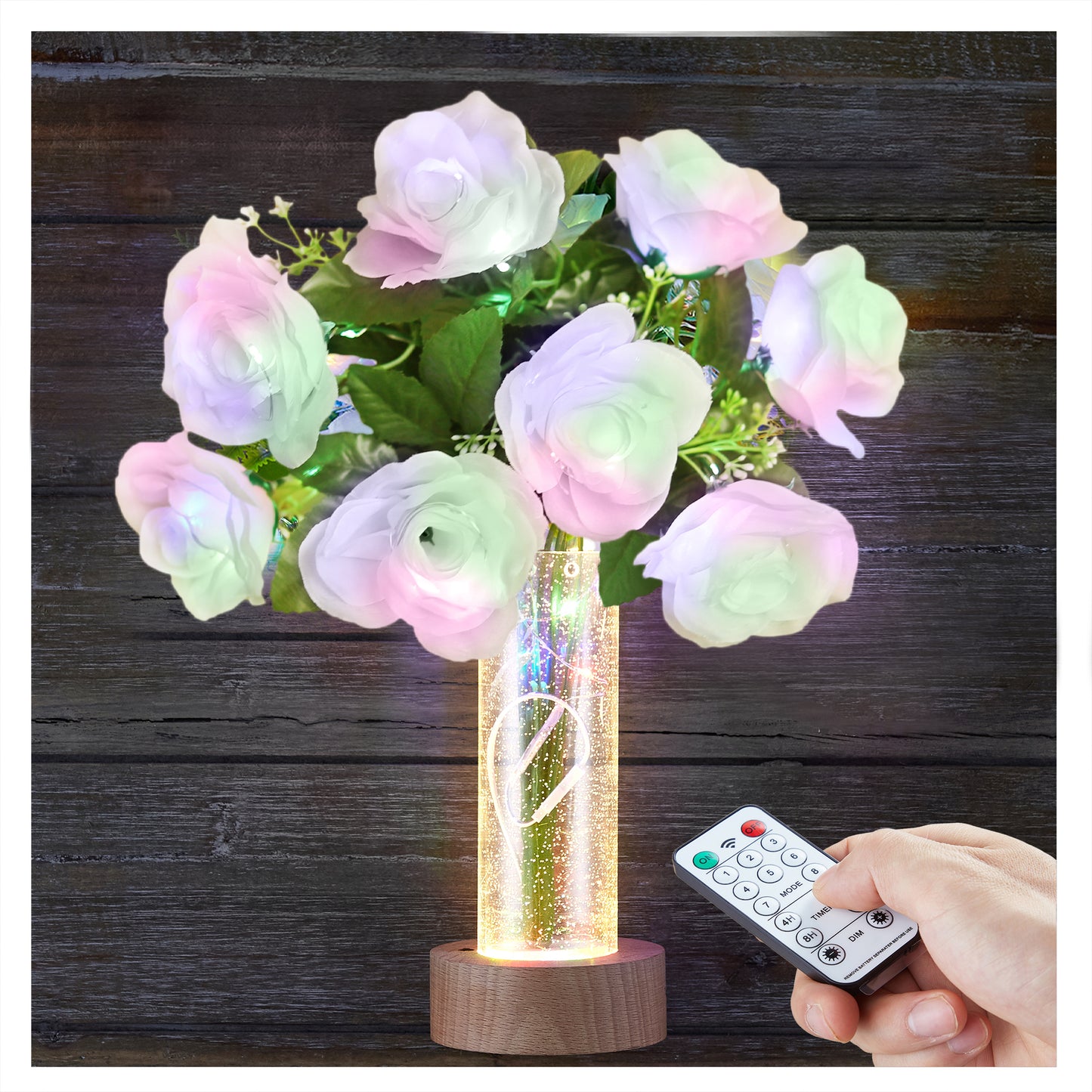 Artificial Rose Flowers LED Lights with Vase 4-Color LED