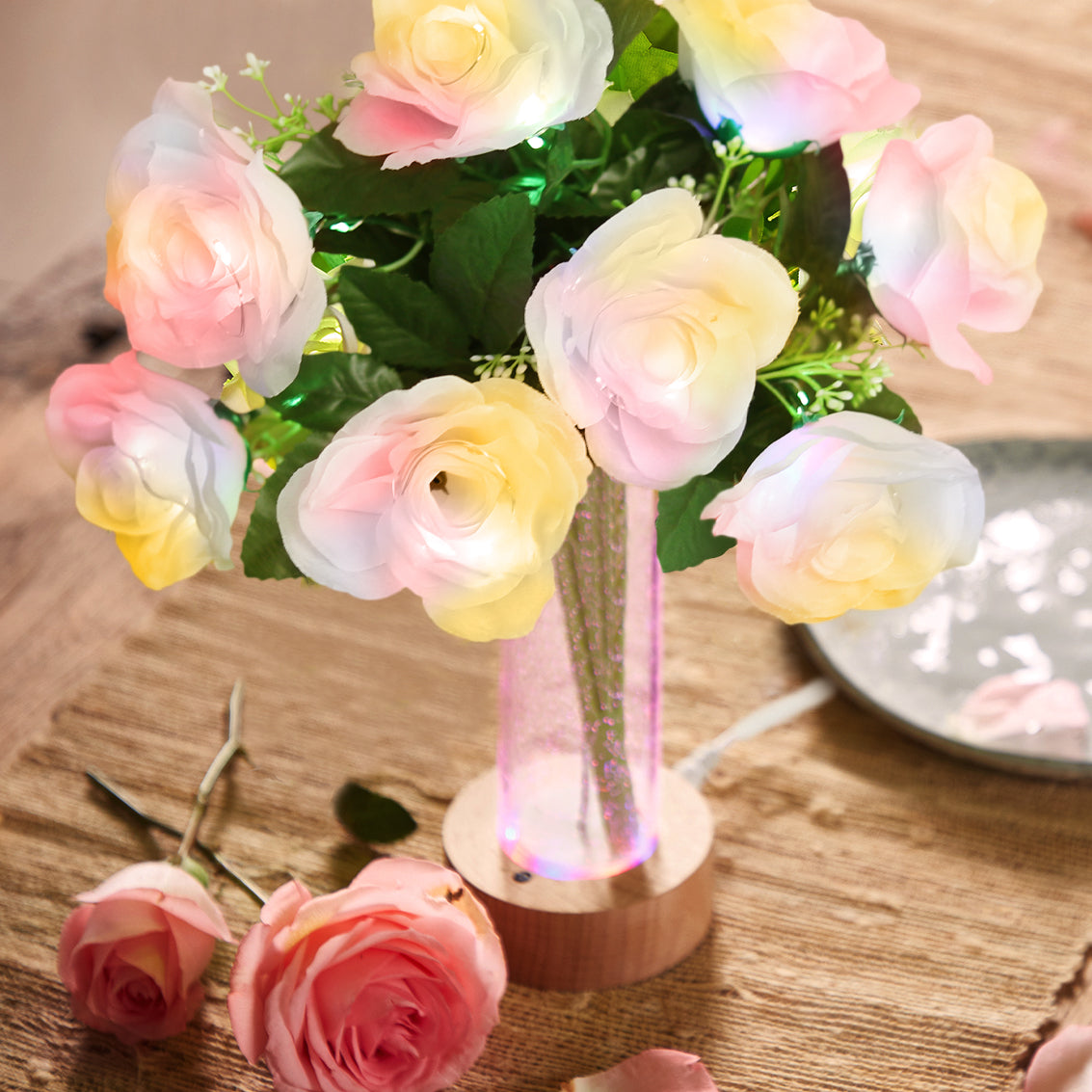 Artificial Rose Flowers LED Lights with Vase 4-Color LED